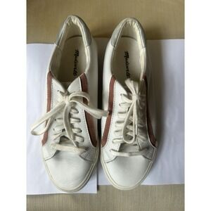 Madewell Sidewalk White Leather Sneakers Rose Suede Stripe Silver Size 8.5 M395